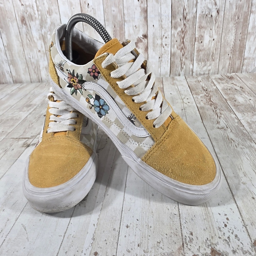 Vans Old Skool Mustard Yellow Suede Floral Bee Checkered Sneakers Womens 8 - Picture 7 of 8